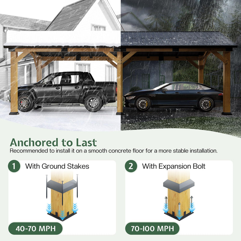 Jocisland 12x24x9.5 FT Cedar Wood Hardtop Carport with Steel Roof, Waterproof Outdoor Gazebo Pavilion, Heavy-Duty Snow & Wind Resistant Canopy for Patio, Driveway, Garden