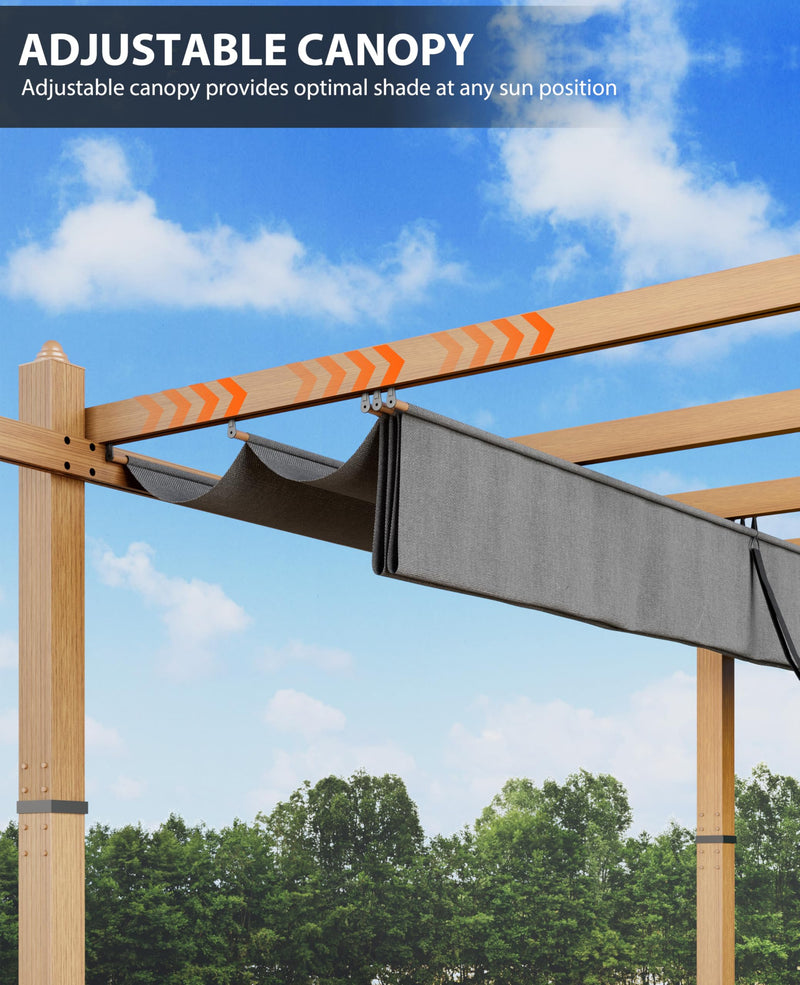 Garvee 10x10 Ft Outdoor Pergola with Retractable Canopy – Upgraded Aluminum Faux Wood Grain Metal Patio Pergola for Modern Backyard Deck, Porch, Grape Trellis in Grey