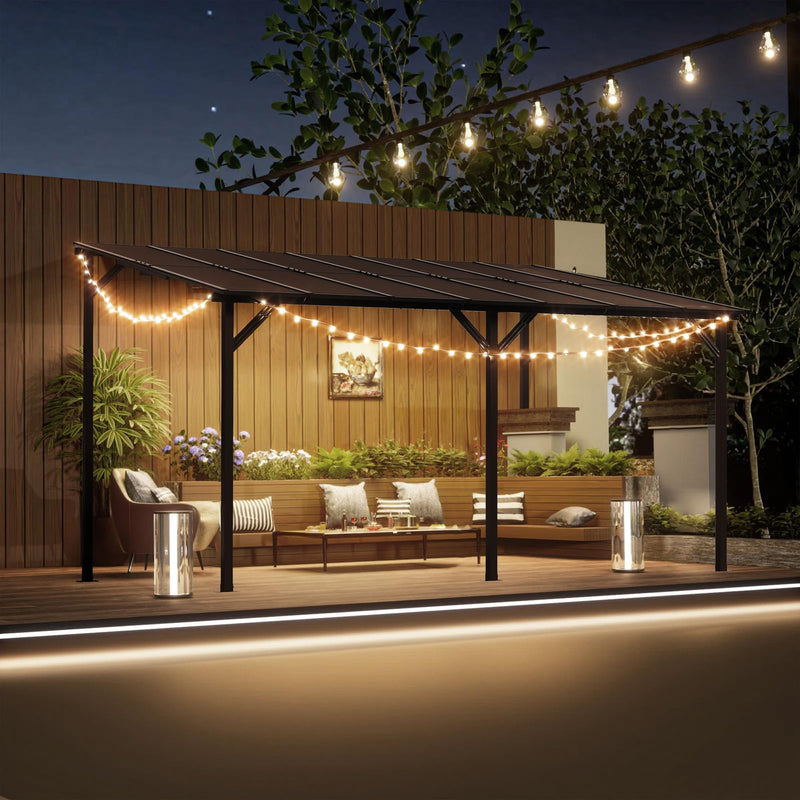 Oakcloud 10' x 14' Outdoor Wall Mounted Gazebo, Patio Lean to Gazebo Pergola with Sloped Roof, Large Heavy Duty Awning for Patio, Backyard, Deck