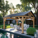 AMERLIFE 13x15 ft Spruce Wood Gazebo, Outdoor Gazebo with Bar Storage, Hardtop Wooden Paviloinwith Metal Steel Gable Roof, Patio, Garage, Black + Natural Wood