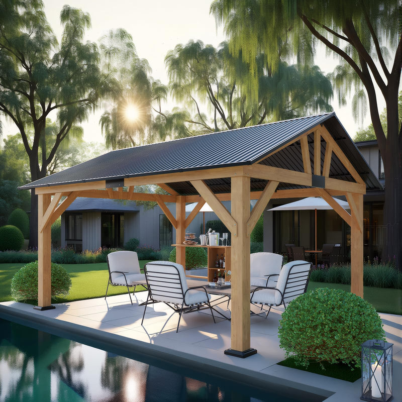 AMERLIFE 13x15 ft Spruce Wood Gazebo, Outdoor Gazebo with Bar Storage, Hardtop Wooden Paviloinwith Metal Steel Gable Roof, Patio, Garage, Black + Natural Wood