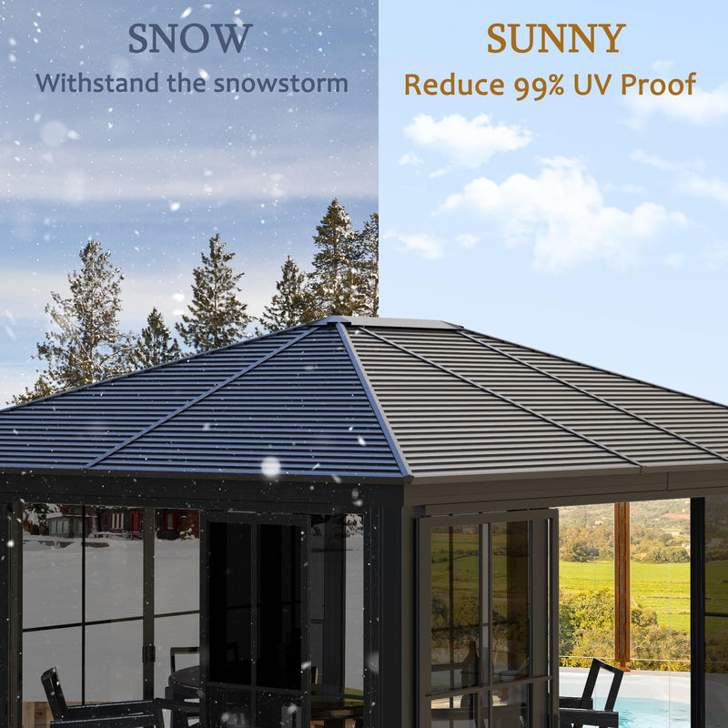 Domi 12x14FT Outdoor Sunroom, Galvanized Steel Hardtop Enclose Gazebo Sloping Roof, All Weather Aluminum Solarium Screen House for Patio Deck Backyard with Lockable Door, Moveable PVC Screen