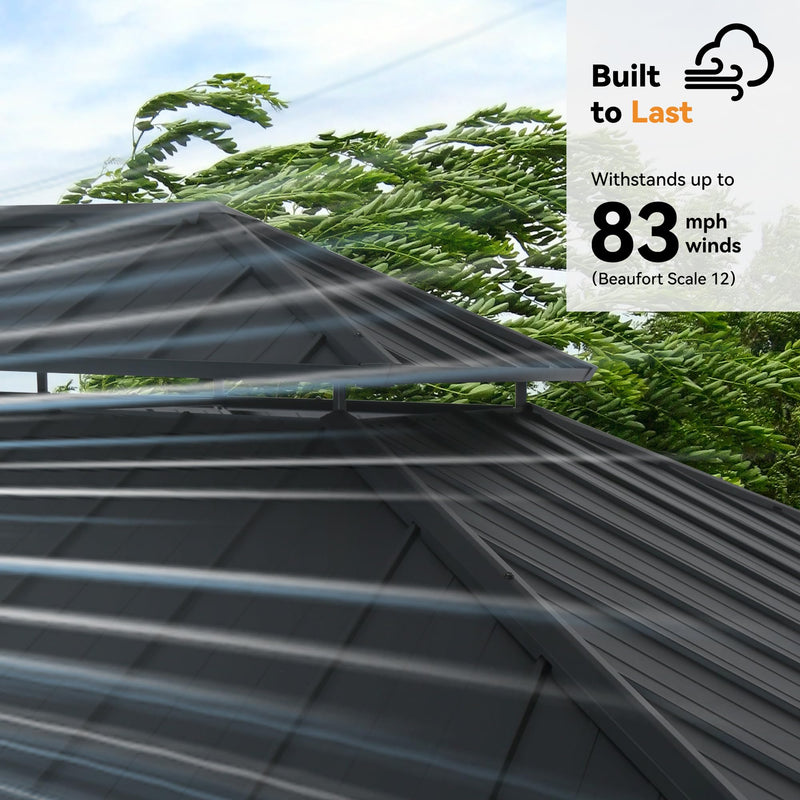 Modern Shade The Horizon Permanent Hardtop Gazebo 12' x 20' w/ 4 LED Lights, Outdoor Gazebo w/Galvanized Steel Double Roof, Patio Pavilion w/Decor Hooks, Mosquito Nettings, Wood-Looking