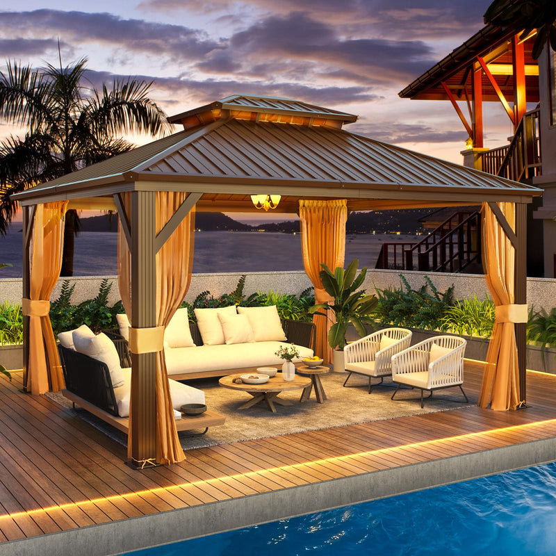 YOLENY 12' x 14' Gazebo Hardtop with Aluminum Frame,Galvanized Steel Double Roof Gazebos with Curtain and Netting,Outdoor Metal Pergolas for Garden, Lawn, Deck, Brown