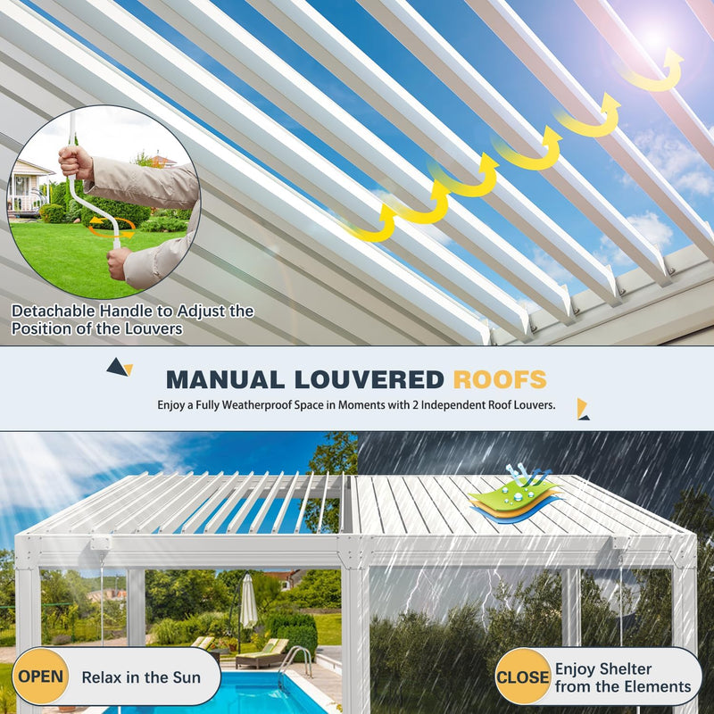 MELLCOM 10x20FT Louvered Pergola with 6-Panel Pull-Down Screen, Aluminum Pergola with Adjustable Rainproof Roof for Patio, Lawn & Garden, White