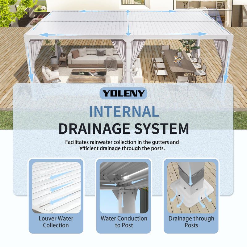YOLENY Louvered Pergola 10x20, Aluminum Gazebo with Adjustable Waterproof Roof, Curtains and Netting Included, Deck and Backyard, White