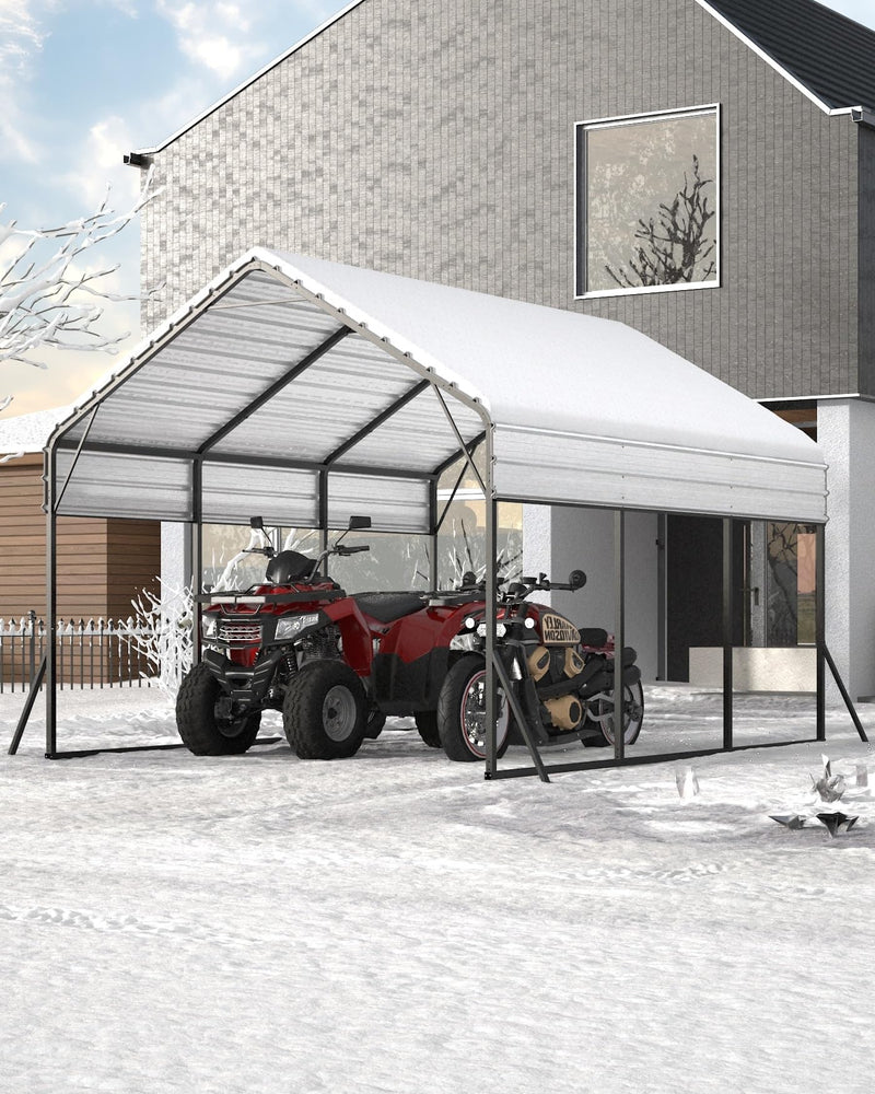 Metal Carport 13× 16 FT, Heavy Duty Carport Reinforced Frame and Steel Roof, All-Weather Shelter for Pickups, Boats, Cars, and Tractors