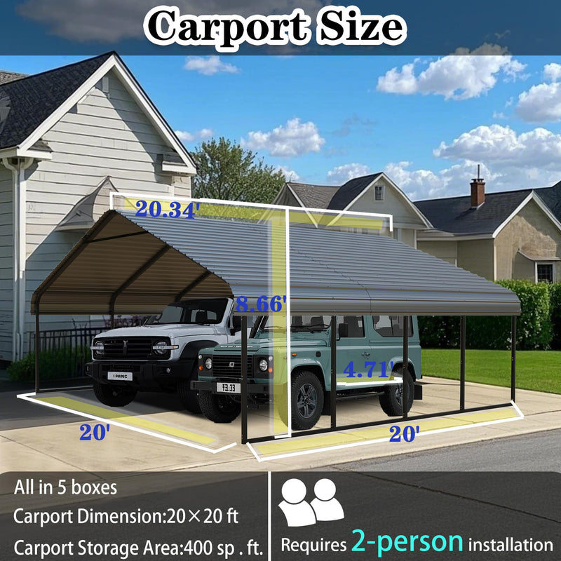 FILLOSLOV Heavy Duty 20x20ft Galvanized Steel Carport Shelter - Extra Large Canopy for Dual Vehicle, RV & Boat Storage｜All Weather Protection｜Simple Assembly