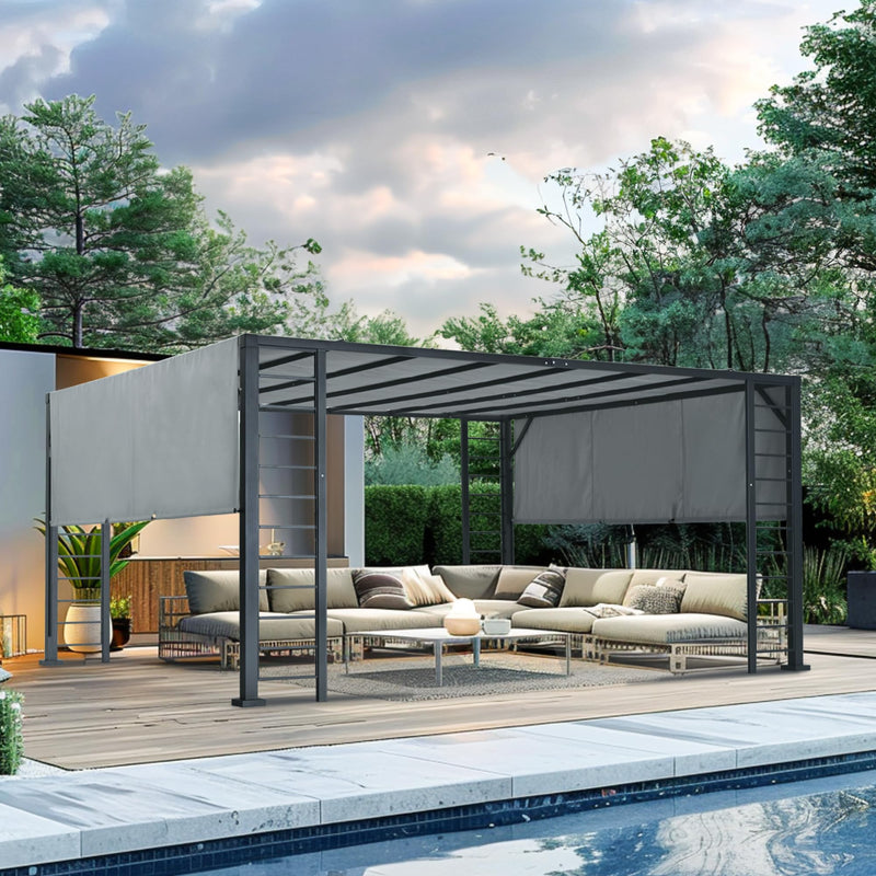 LUXIJOY 13' x 15' Aluminum Retractable Pergola, Modern Silver Outdoor Patio Gazebo with Fixed Canopy and Unique Column Design