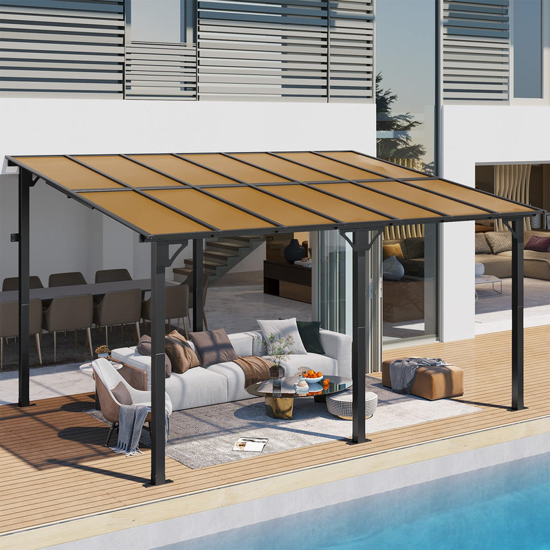 TLSUNNY 14' X 10' Gazebo for Patio with Sloped Roof, Large Wall-Mounted Heavy Duty Patio Awning, Hardtop Outdoor Aluminum Pergola, Metal Frame, for Backyard, Porch, Deck, Lawn