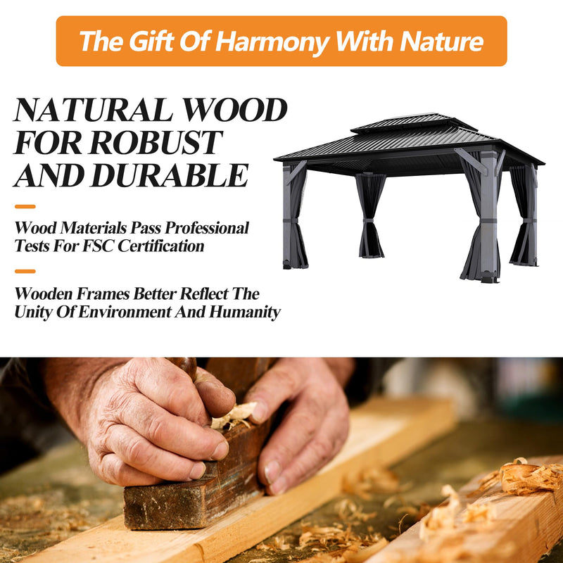 GARTOO 12' x 16' Outdoor Wood Gazebo - Permanent Wooden Hardtop Gazebo Pavilion with Double Curtains, Galvanized Steel Roof Cedar Wood Gazebos for Garden, Lawn, Poolside, Backyard Deck