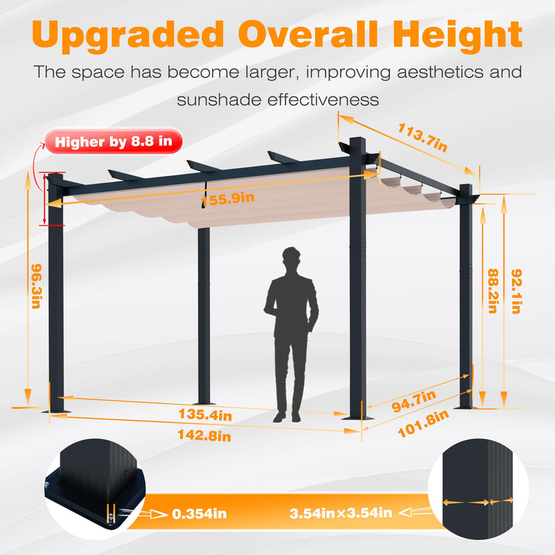 VEIKOU 10x13ft Pergola, Metal Pergola w/Thicker Post & Upgraded Retractable Pergola Canopy, Heavy-Duty Aluminum Pergolas and Gazebos Outdoor Shelter for Porch Yard, Beige