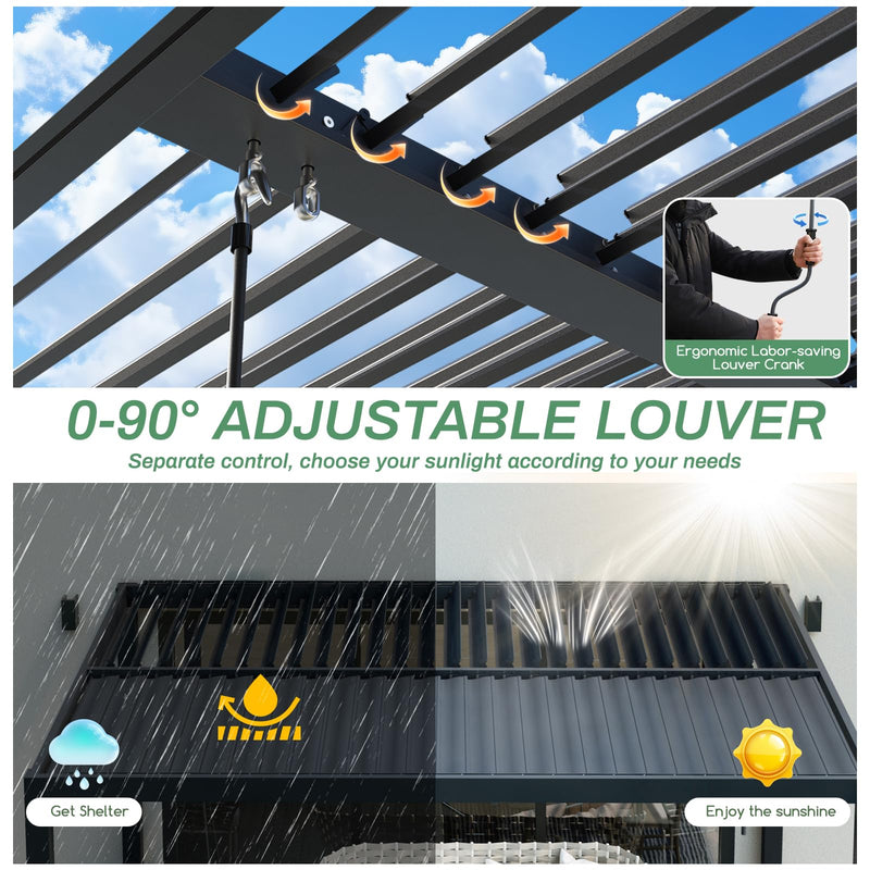 LVUYOYO Outdoor Louvered Pergola 10' x 10' with LED String Lights, Aluminum Pergola with Adjustable Roof, Waterproof Metal Gazebo for Patio, Backyard, Garden, Deck (10x10FT with Lights)