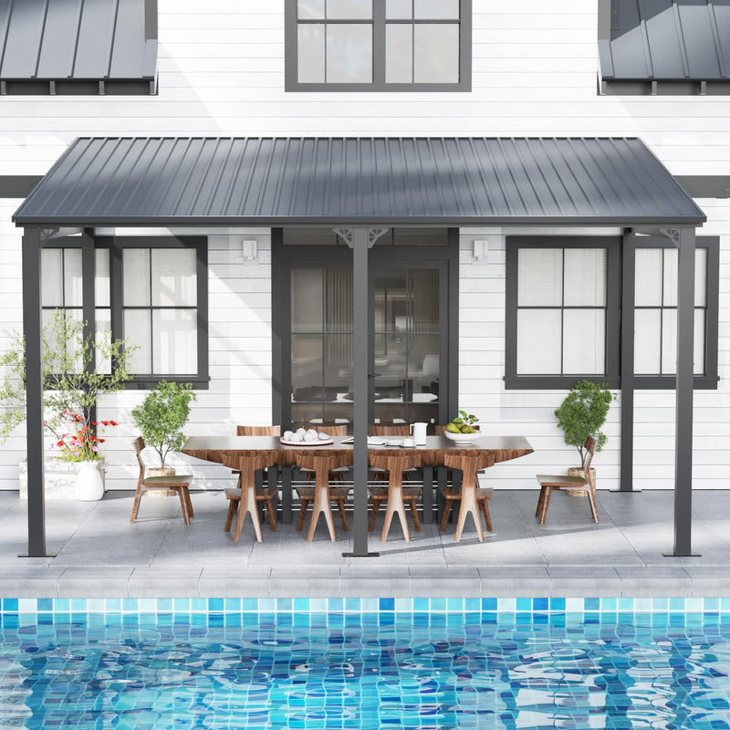 EBE 14' x 10' Hardtop Gazebo, Lean to Gazebos with Galvanized Steel Roof, Heavy Duty Outdoor Pergola and Gazebos Clearance, Wall Mounted Grill Gazebo Awning for Patio, Poch, Backyard