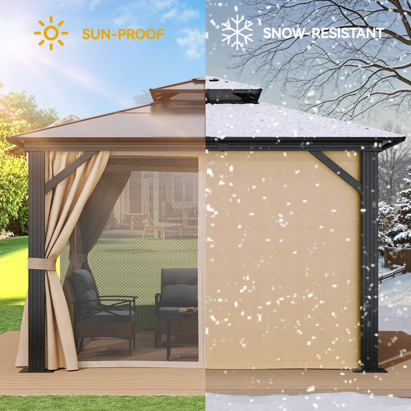 YITAHOME 10X10FT Hardtop Gazebo Outdoor Polycarbonate Patio Double Top Canopy Galvanized Iron Aluminum Column Garden Tent Curtains Netting for Backyards Decks Lawns,Brown