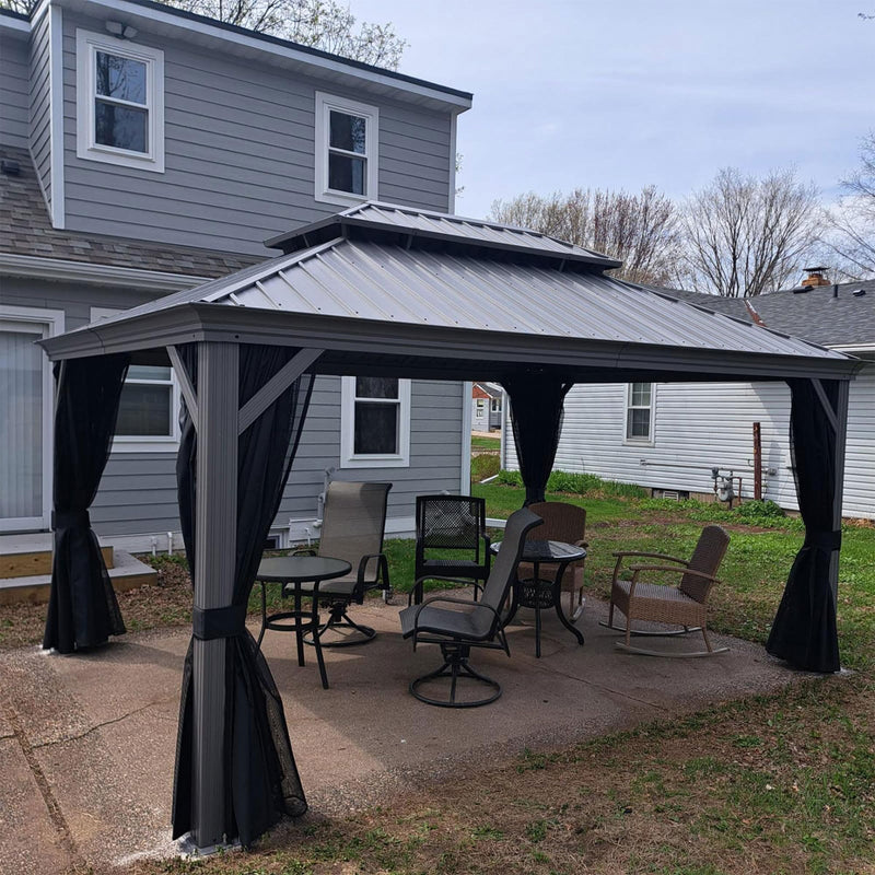 PURPLE LEAF 11' x 15' Permanent Hardtop Gazebo with Galvanized Steel Double Roof and Aluminum Frames Outdoor Large Pavilion Gazebo for Patio Deck Garden, Netting and Curtains Included, Light Grey