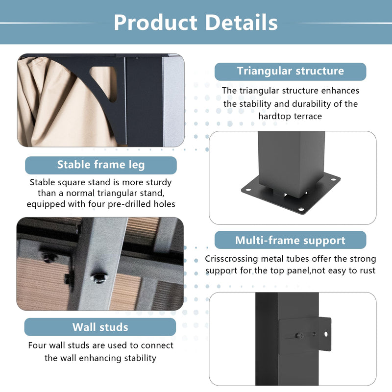 Kurapika 10’ x 12’ Wall Mount Gazebo Outdoor Pergola, Hardtop Lean to Gazebo Canopy Awnings with Sloped Roof and Sturdy Steel Frame, for Patio, Porch, Deck, Backyard(Sand)