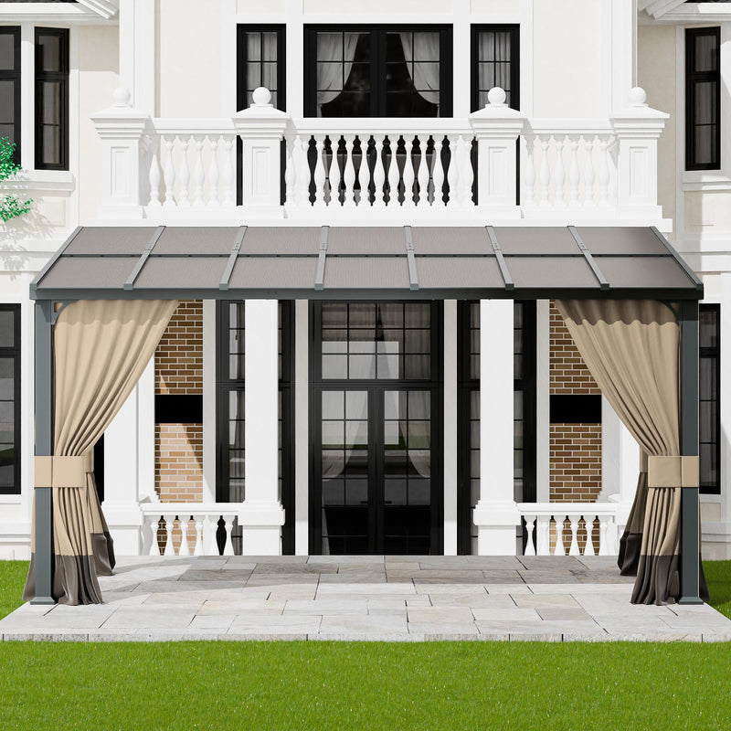 ASJMR 10x14FT Gazebo, Hardtop Wall Mounted Gazebo with Sloping Sun Panel Roof, Awnings for Patio with Metal Frame, Double Curtains for Garden, Lawn, Backyard Deck, Sand