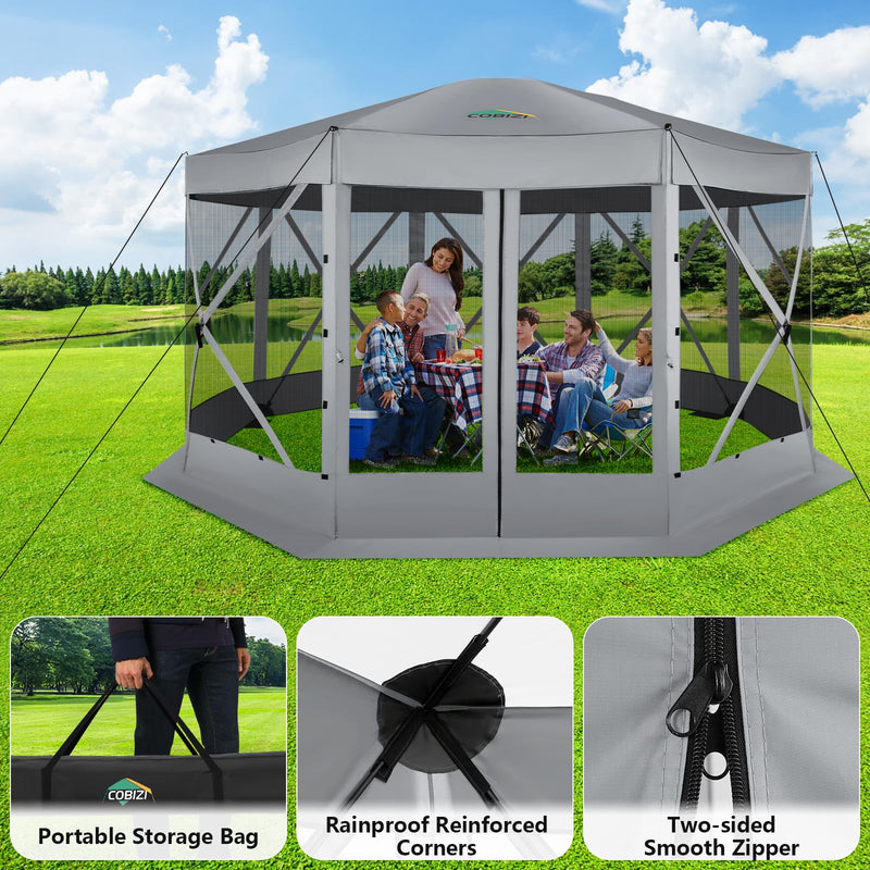 COBIZI Pop Up Gazebo Screen Tent Screen House for Camping, 15x15 Screen Room with Mosquito Netting, Hub Tent Instant Screened Canopy with Carrying Bag and Ground Stakes, Gray