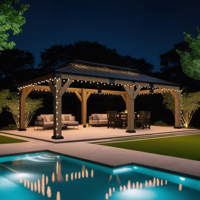 AMERLIFE 12x20FT Outdoor Wood Gazebo, Hardtop Pergola with Metal Roof & Spruce Wood Frame, Backyard Gazebo for Garden,Conversation,Gray Brown