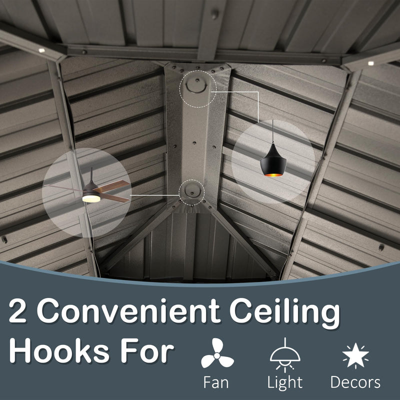 Domi 10x14FT Hardtop Gazebo, Permanent Outdoor Gazebo with Galvanized Steel Double Roof and Aluminum Frame, Curtain and Netting, Pavilion Gazebo for Patio Deck Garden, Grey