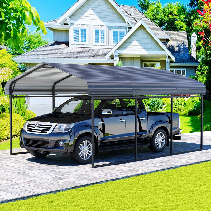 EBE 10 x 15 FT Metal Carport, Heavy Duty Carports with Galvanized Steel Roof, Outdoor Carport Canopy Garage Shelter Shade for Car, SUV, Truck, Boats and Tractors