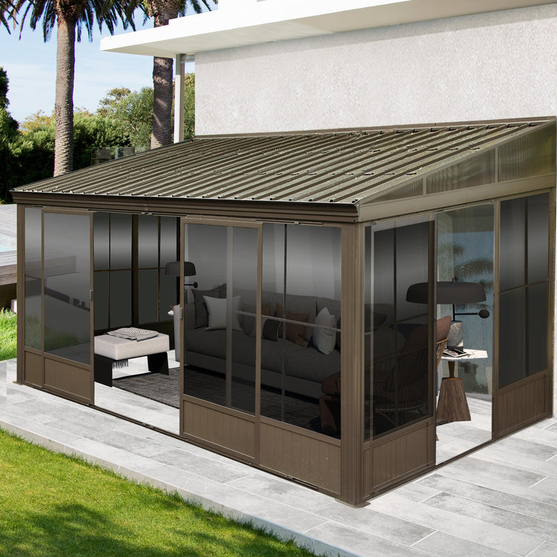 Domi Lean-to Sunroom 12x14FT, Wall Mounted Solarium with Galvanized Steel Sloping Roof, Moveable PVC Screen, Front Door&Side Sliding Door, Aluminum Gazebo Against Wall Sun Room for Patio Deck