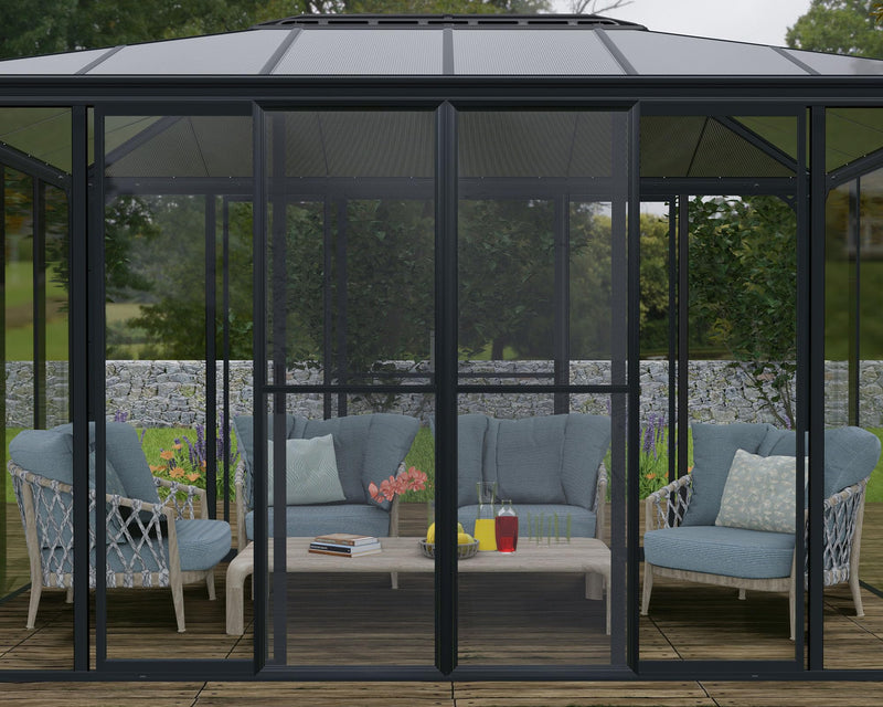 Palram - Canopia Sanremo 10x18 Enclosed Patio Cover with Screen Doors, Gray DIY Sunroom Kit Lean to Gazebo with Walls to Cover Patio Furniture, Deck, & Porch, UV Protected Polycarbonate Shelter