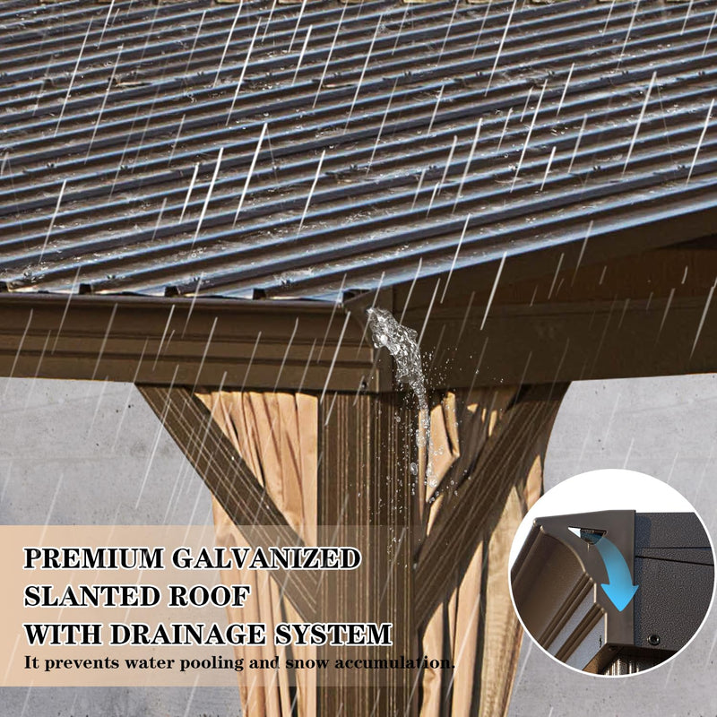 Domi 12x16FT Wall-Mounted Hardtop Gazebo, Aluminum Lean to Gazebo with Galvanized Steel Sloping Roof, Curtains & Netting for Outdoor Patio, Deck, Backyard, Garden Parties