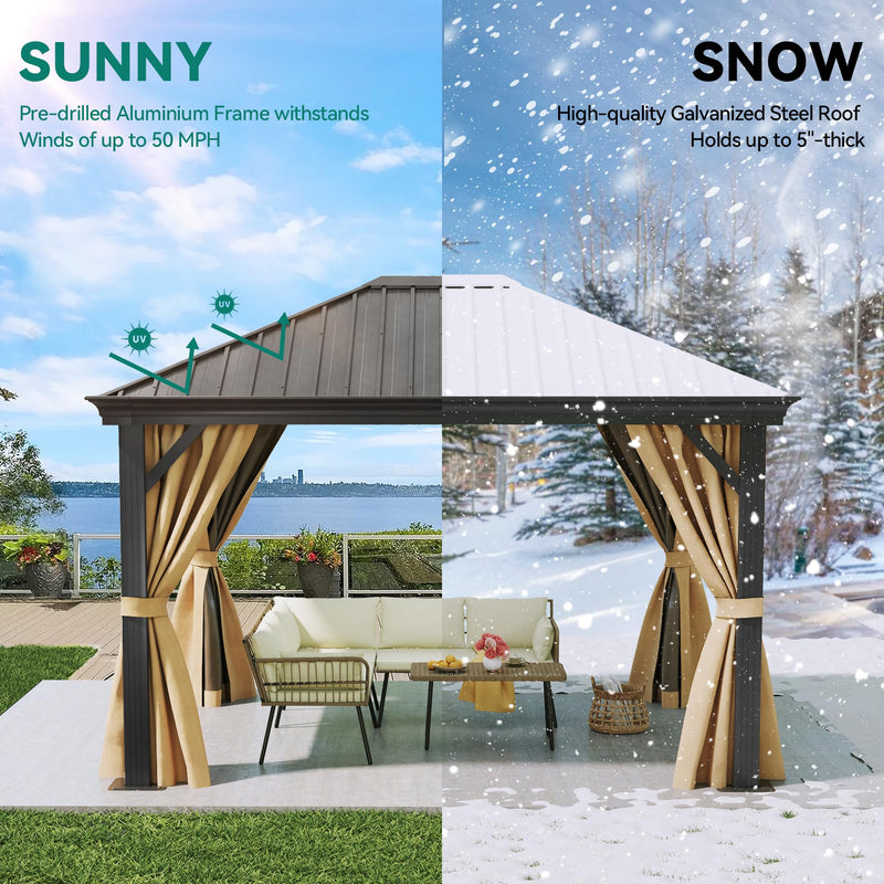 YITAHOME 10X12FT Hardtop Metal Gazebo Single Top Outdoor Patio Canopy Galvanized Iron Aluminum Column Garden Tent Curtains Netting for Backyards Decks Lawns,Brown