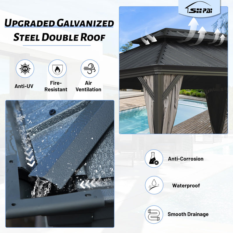SHPAI 14’ x 24’ Outdoor Hardtop Gazebo with Gutters, Permanent Metal Hard Top Gazebo, Double Roof Galvanized Heavy Duty with Curtains and Netting for Backyard, Patio, Deck, Hot Tub, Grey