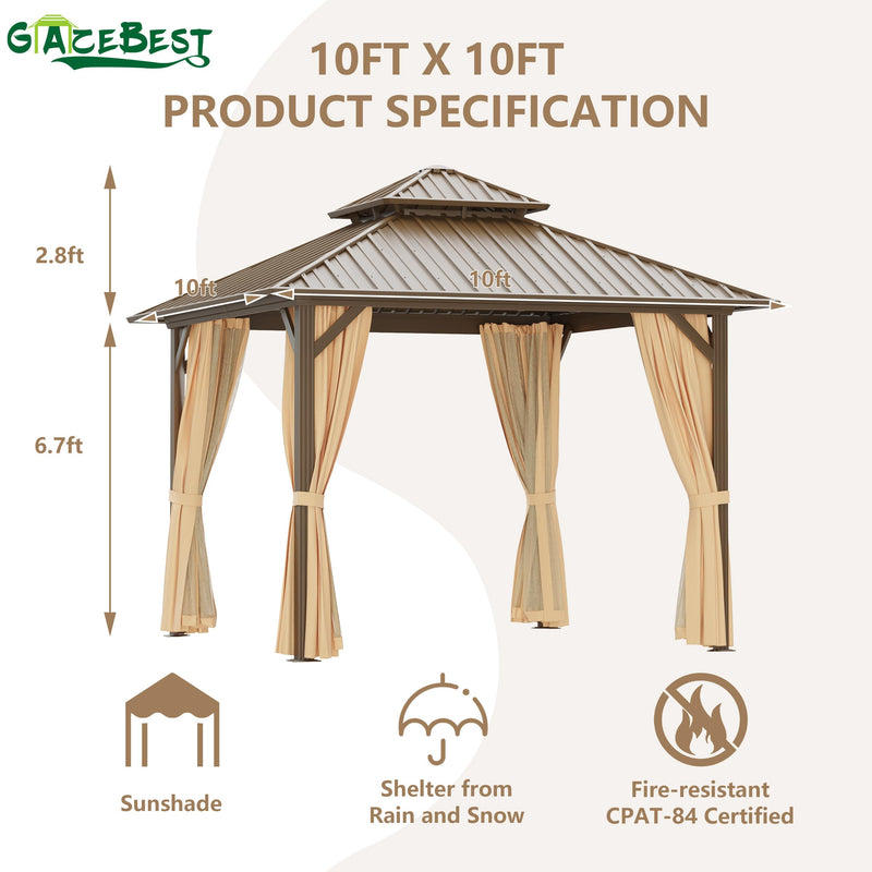 GAZEBEST 10x10 ft Hardtop Gazebo Outdoor Aluminum Patio Gazebo Double Roof Galvanized Steel Canopy with Netting and Curtains for Garden, Backyard,Deck and Lawns