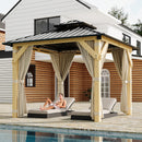 HarmonyHealth 10 x 10 Ft Wood Gazebo, Upgrade Wooden Frame, Double Galvanized Steel Roof, Hardtop Gazebo With Nettings And Curtains For Backyard, Patio, Garden And Lawn,Khaki