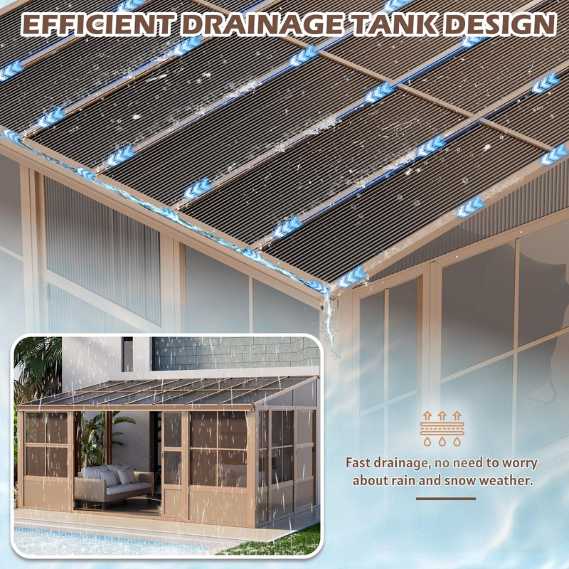 EROMMY 10' x 16' Sunroom, Wall Mounted Gazebo Solarium with Drainage Trough, Polycarbonate Roof, Lean to pergola for Garden, Permanent Sun Room with Lockable Sliding Doors, Brown