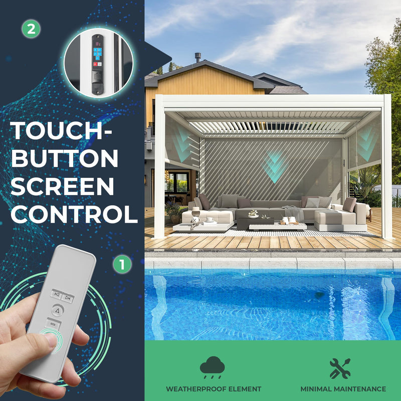 YOLENY Electric Louvered Pergola 10x13, Solar and Electric Powered, Integrated LED and 4 Side Screens, Full Aluminum Frame and Louvers, Adjustable Rainproof Roof for Outdoor Living, White