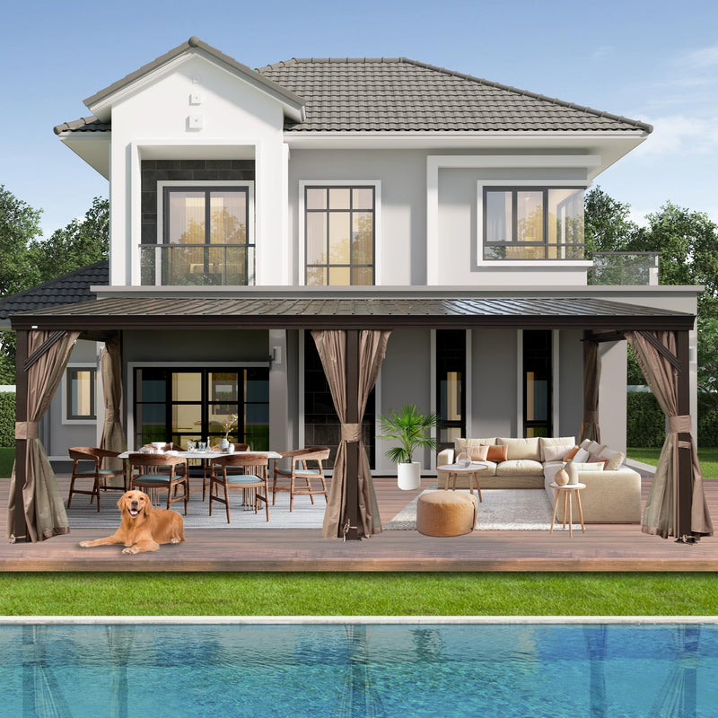 SHPAI 12’ x 20’ Lean to Gazebo, Outdoor Wall Mounted Gazebo Aluminum Frame, Hardtop Pergola with Galvanized Steel Sloping Roof for Patio Deck Garden Backyard, Curtain and Netting Included