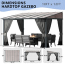 ASJMR 10x12FT Gazebo, Hardtop Wall Mounted Gazebo with Sloping Sun Panel Roof, Awnings for Patio with Metal Frame, Double Curtains for Garden, Lawn, Backyard Deck, Sand