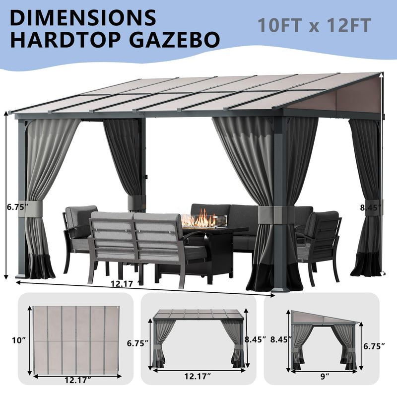 ASJMR 10x12FT Gazebo, Hardtop Wall Mounted Gazebo with Sloping Sun Panel Roof, Awnings for Patio with Metal Frame, Double Curtains for Garden, Lawn, Backyard Deck, Sand