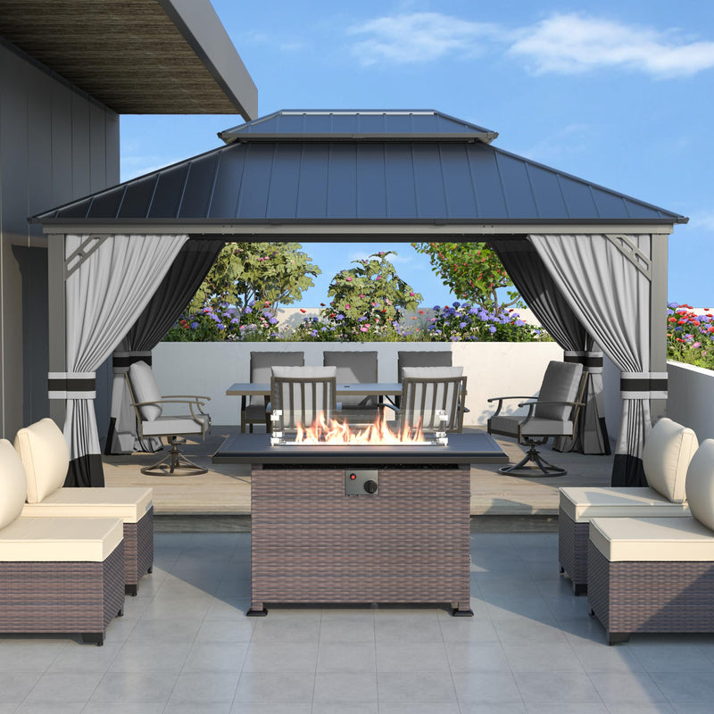 12' x 16' Hardtop Gazebo,Outdoor Galvanized Steel Metal Double Roof Gazebo with Curtains and Netting for Patios, Gardens, Lawns,Grey