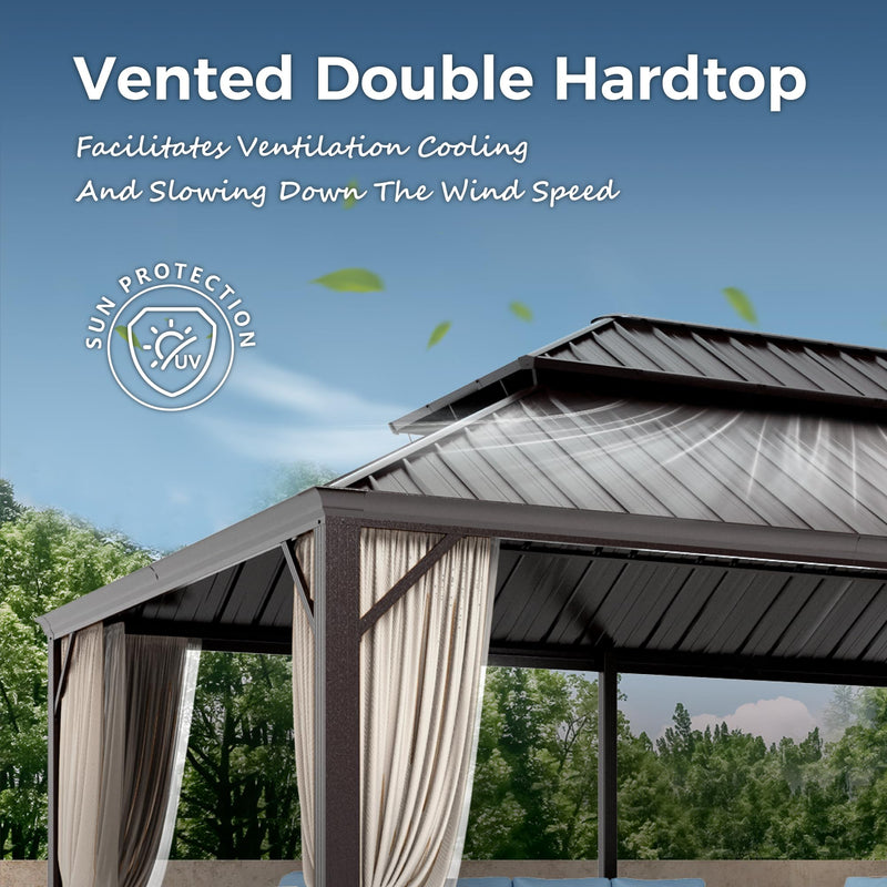 MIXPATIO 14' x 20' Hardtop Gazebo, Galvanized Steel Metal Double Roof Gazebo, Permanent Outdoor Metal Pavilion with Curtain and Netting for Deck, Backyard, Patio, Lawns