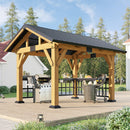 AMERLIFE Solid Wood Gazebo, Hardtop Gazebo with Metal Steel Gable Roof with Guest House for Garden, Porch, Patio, Black + Natural Wood (9 x10FT)