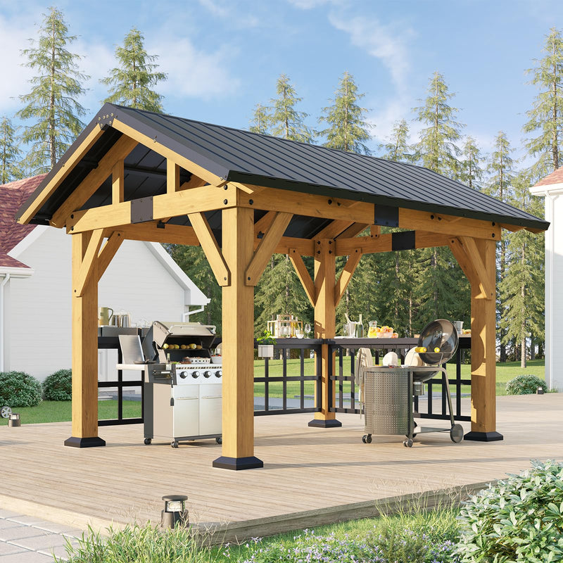 AMERLIFE Solid Wood Gazebo, Hardtop Gazebo with Metal Steel Gable Roof with Guest House for Garden, Porch, Patio, Black + Natural Wood (9 x10FT)