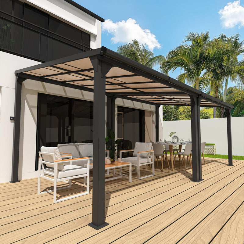 Pamapic 10 * 20FT Wall Mounted Gazebo,4*4 Inch Thickened Pillars & Enlarged Base,Outdoor Hardtop Lean to Pergola,UV Resistant Polycarbonate Roof,Aluminum Frame Pergola,Outdoor Patio Awnings for Lawn