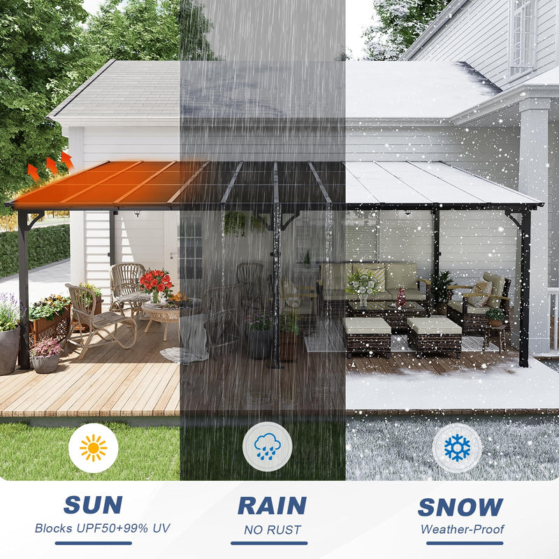 MEISSALIVVE 12' x 14' Gazebo, Wall Mounted Gazebo, Lean to Metal Awnings Gazebos, Gazebo Pergola with Sloped Roof, Outdoor Patio Gazebo Awning for Backyard, Deck, Black