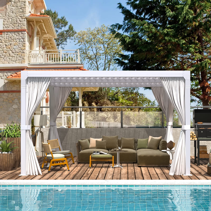 EROMMY 10x10FT Louvered Pergola Outdoor Sun Shade Shelter with Aluminum Frame and Adjustable Metal Rainproof Roof for Garden & Patio, Curtains and Netting Included, White