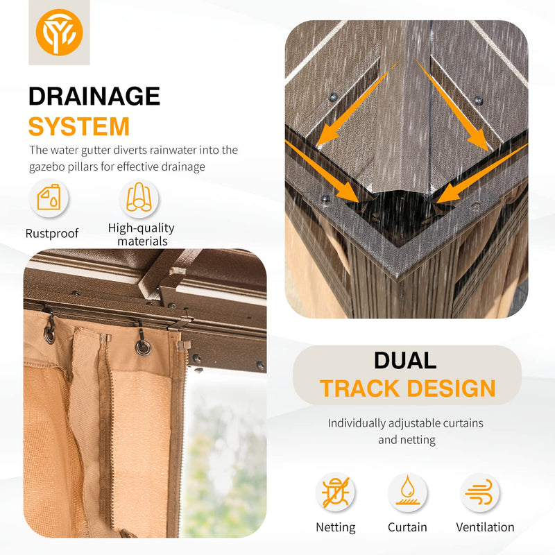 YOLENY 12' x 14' Hardtop Gazebo, Galvanized Steel Metal Double Roof Aluminum Frame Gazebo with Curtain and Netting, Permanent Pavilion Pergola for Outdoor, Patio, Garden, Lawn, Pool Side, Brown