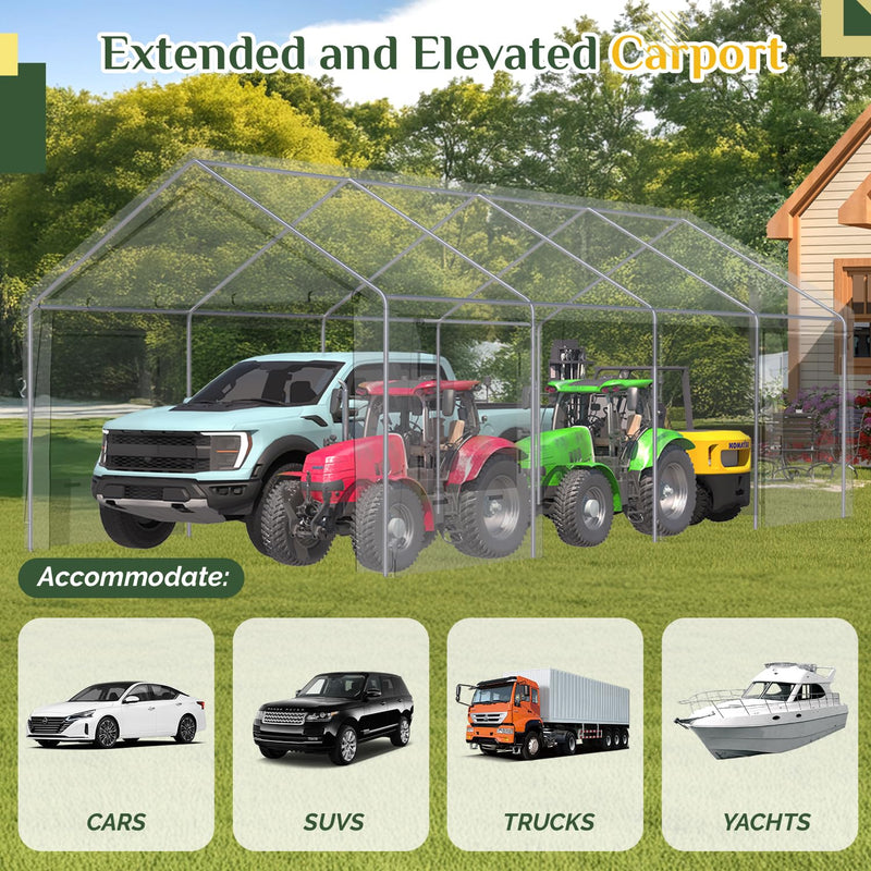 EROMMY 12' x 24' Heavy Duty Carport，Portable Garage with UV Protection & Steel Frame, Car Port with Removable Sidewalls, All-Season Car Canopy for Tractor, Truck, Boat, Outer Gray and Inner White