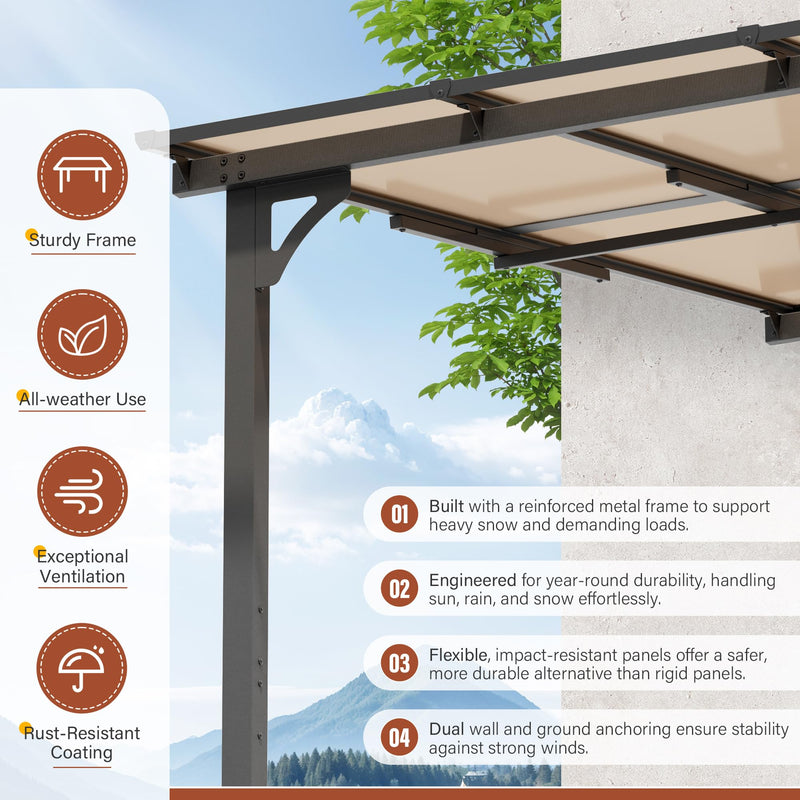 Oakcloud 10' x 12' Outdoor Wall Mounted Gazebo, Patio Lean to Gazebo Pergola with Sloped Roof, Large Heavy Duty Awning for Patio, Backyard, Deck