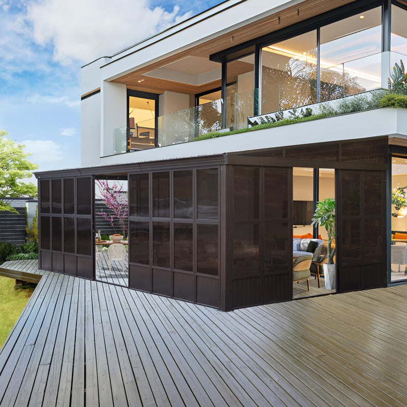 Domi 12x20FT Sunroom,Wall Mounted Gazebo Solarium with Front Door, Both Side Entrance, Galvanized Steel Sloping Roof, Moveable PC Screen, Outdoor Permanent Sun Room Lean to Gazebo for Deck Patio
