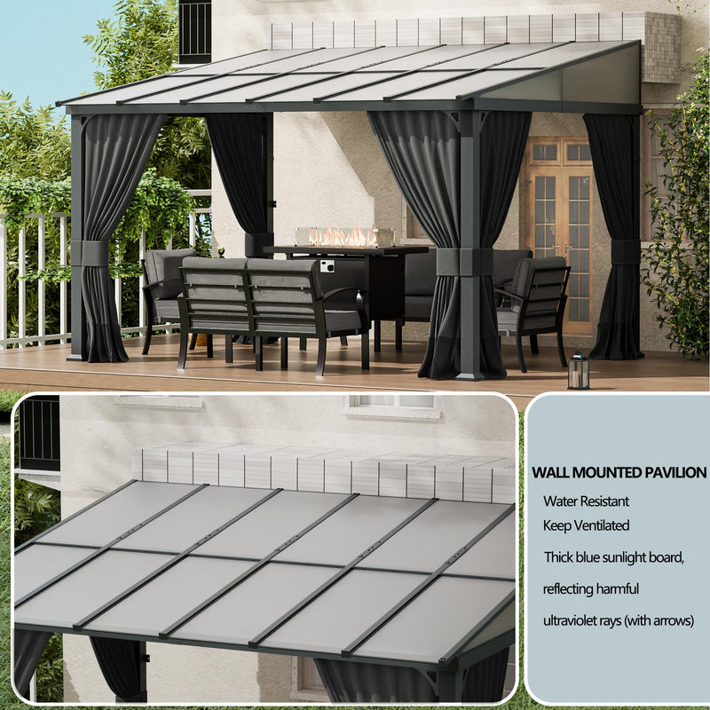 ASJMR 10x12FT Gazebo, Hardtop Wall Mounted Gazebo with Sloping Sun Panel Roof, Awnings for Patio with Metal Frame, Double Curtains for Garden, Lawn, Backyard Deck, Sand